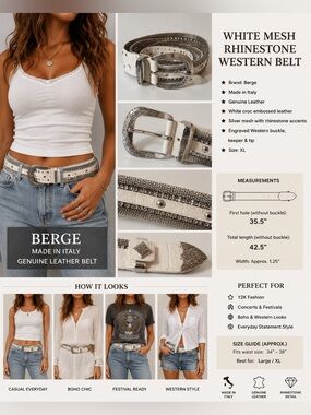 Berge Made in Italy White Leather Mesh Rhinestone Western Belt XL